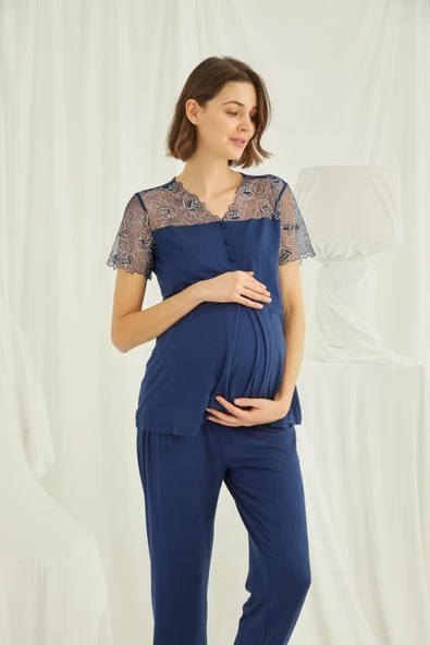 Brode Dantelli Önü Düğmeli Hamile Lohusa Pijama Takımı - 4