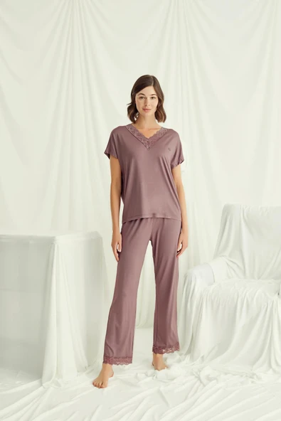 Kısa Kollu V Yakalı Dantelli Pijama Takımı - 4