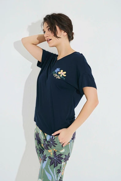 Çiçek ve Yaprak Baskılı "Summer Vocation" Pijama Takımı - 4