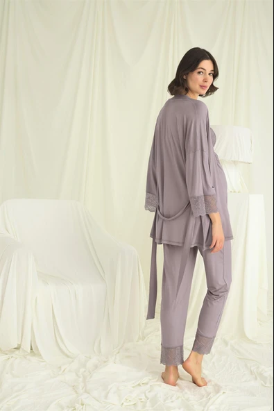 Dantelli Hamile Lohusa 3'lü Pijama Takımı - 5