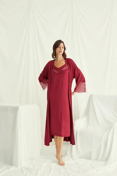 Dekolteli Yakası ve Kolu Dantelli Sabahlık Takımı - 4