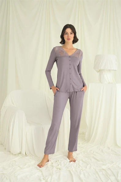 Yakası Kolu ve Omzu Dantelli Boydan Düğmeli Pijama Takımı - 2