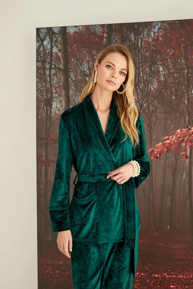 Kruvaze Yaka Kadife Pijama Takımı - 5