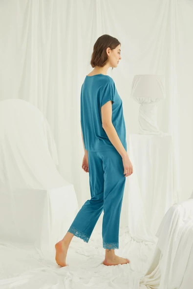 Kısa Kollu V Yakalı Dantelli Pijama Takımı - Resim 5