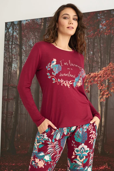 Çiçek ve Yaprak Desenli "I'm Living In a Dreamland" Pijama Takımı - 4