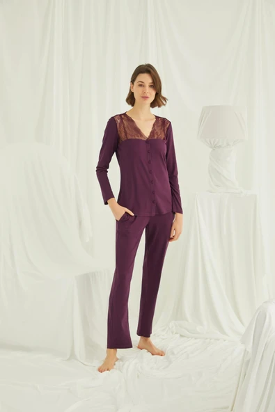 Yakası Omzu ve Paçası Dantelli Boydan Düğmeli Pijama Takımı - 2