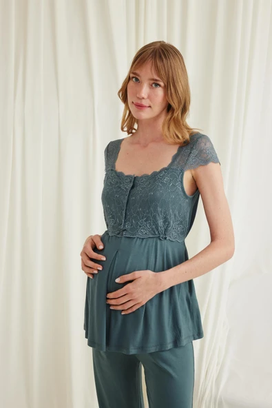 Dantelli Önü Düğmeli Hamile Lohusa 3'lü Pijama Takımı - 7