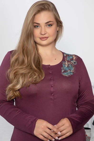 Önü Düğmeli Dantelli Büyük Beden Gecelik - Resim 5