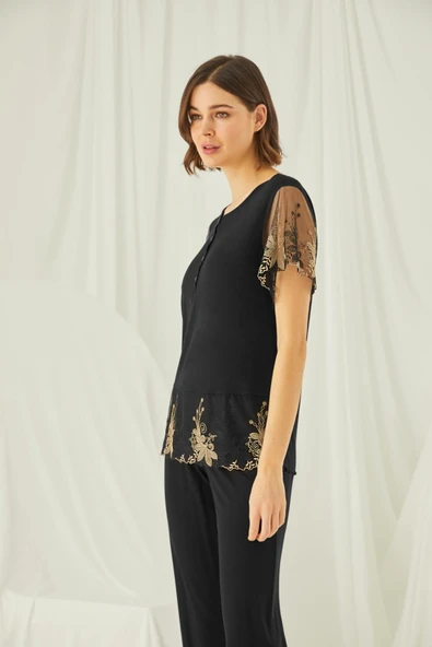 Önü Düğmeli Brode Dantelli Pijama Takımı - 5