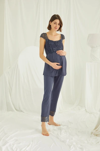 Dantelli Önü Düğmeli Hamile Lohusa 3'lü Pijama Takımı - 6