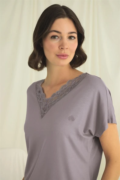 Kısa Kollu V Yakalı Dantelli Pijama Takımı - 6
