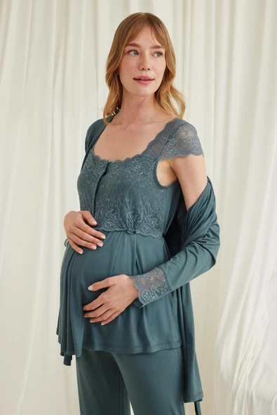 Dantelli Önü Düğmeli Hamile Lohusa 3'lü Pijama Takımı - 5