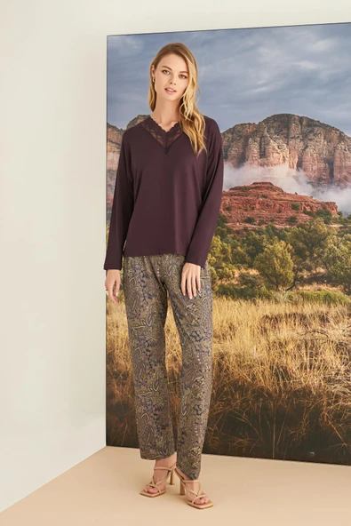 Etnik Desenli Dantelli Pijama Takımı - 2