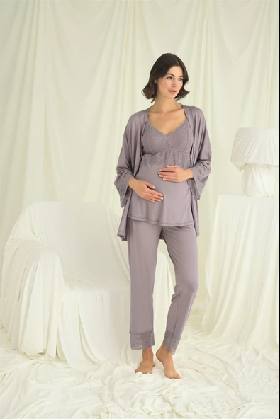 Dantelli Hamile Lohusa 3'lü Pijama Takımı - 1