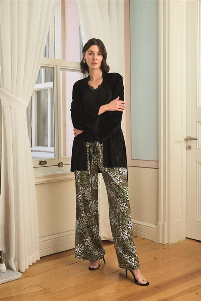 Çiçek Yaprak ve Etnik Desenli Dantelli 3'lü Pijama Takımı - Resim 9