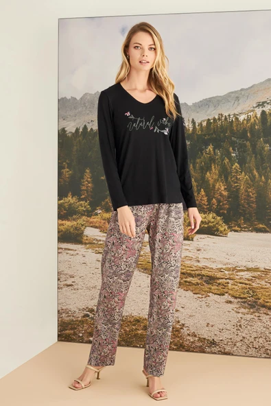 Yaprak Desenli "Natural Vibes" Pijama Takımı - 1