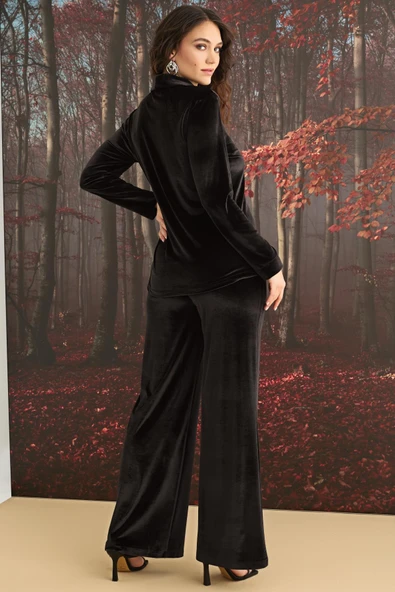 Uzun Kollu Önü Düğmeli Kadife Alt Üst Takım - Resim 6