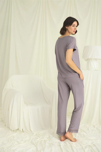 Kısa Kollu V Yakalı Dantelli Pijama Takımı - 7