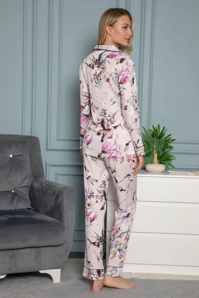 Çiçek Desenli Gömlek Yakalı Önü Boydan Düğmeli Pijama Takımı - 6