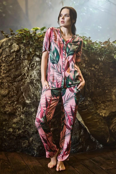 Yaprak Desenli Önü Boydan Düğmeli Saten Alt Üst Takım - Resim 2