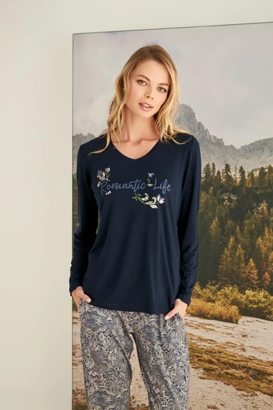 Yaprak Desenli "Romantic Life" Pijama Takımı - Resim 4