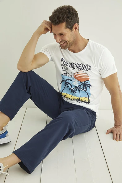 Yazı, Güneş ve Palmiye Baskılı "Long Beach" Pijama Takımı - 6