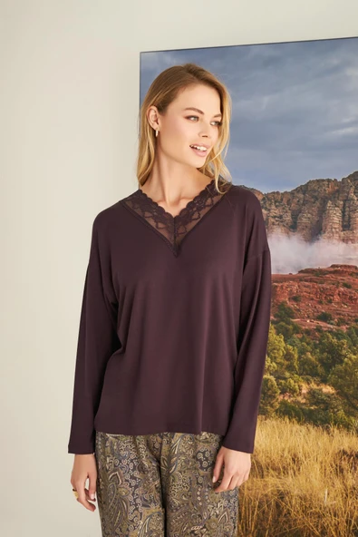 Etnik Desenli Dantelli Pijama Takımı - 4