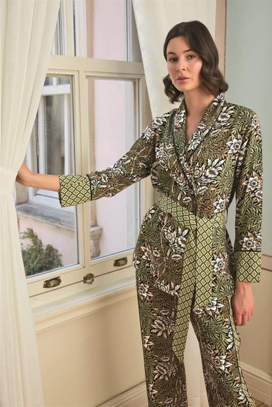 Çiçek Yaprak ve Etnik Desenli Pijama Takımı - Resim 6