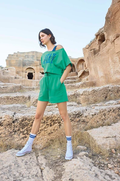 Kısa Kollu Stay Strong 3'lü Crop Alt Üst Takım - Resim 5