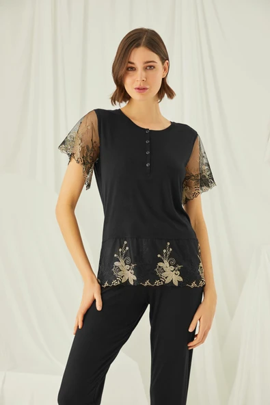 Önü Düğmeli Brode Dantelli Pijama Takımı - 4
