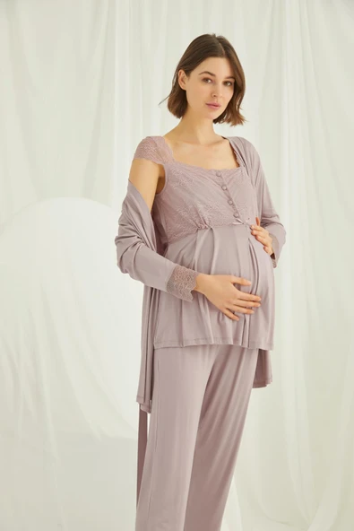 Dantelli Önü Düğmeli Hamile Lohusa 3'lü Pijama Takımı - 4