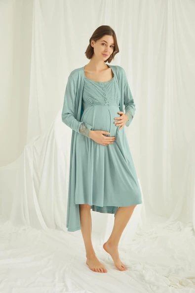 Dantelli Önü Düğmeli Hamile Lohusa Sabahlık Takımı