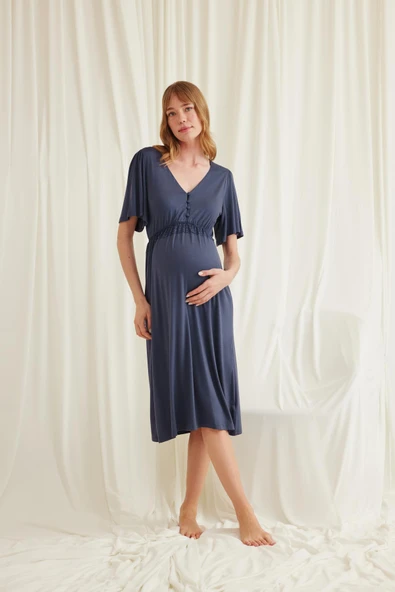 Dantelli Önü Düğmeli Hamile Lohusa Gecelik - Resim 2