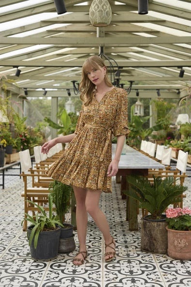 Çiçek ve Yaprak Desenli Kuşaklı Elbise - Resim 4