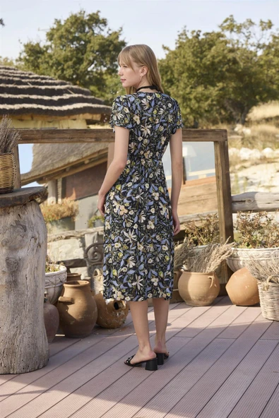 Çiçek ve Yaprak Desenli Önü Düğmeli Elbise - 6