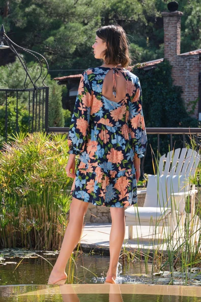 Çiçek ve Yaprak Desenli Uzun Kollu Elbise - Resim 6