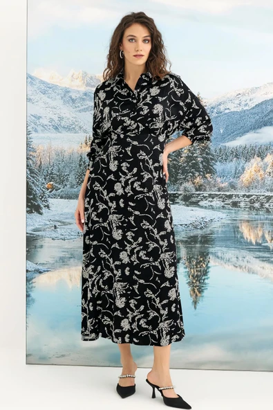 Desenli Truvakar Kollu Saten Elbise - Resim 2