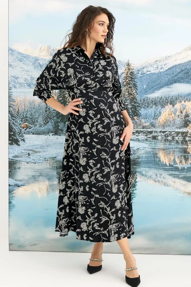 Desenli Truvakar Kollu Saten Elbise - Resim 4