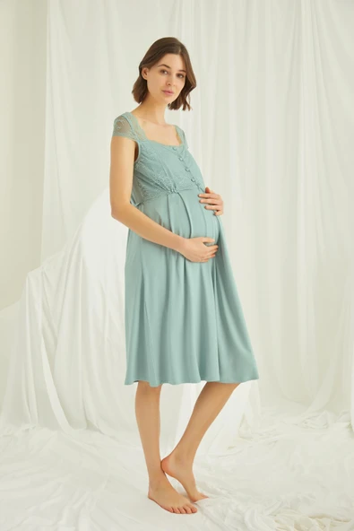 Dantelli Önü Düğmeli Hamile Lohusa Sabahlık Takımı - 5