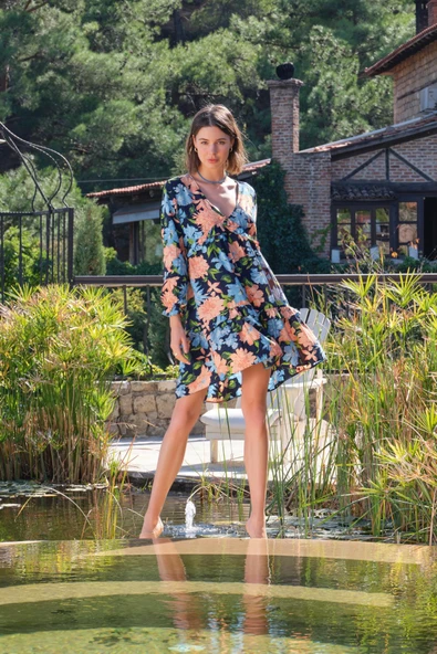 Çiçek ve Yaprak Desenli Uzun Kollu Elbise - Resim 5