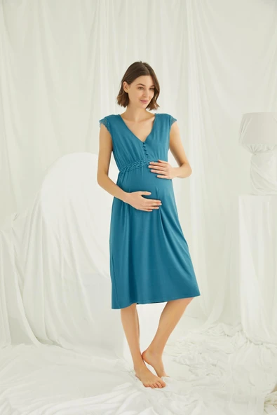 Önü Düğmeli Dantelli Hamile Lohusa Gecelik