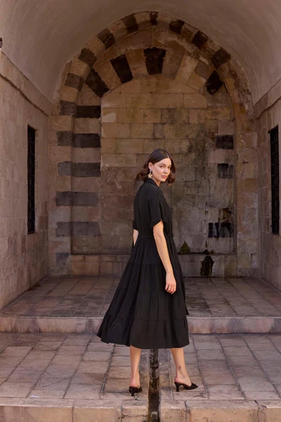 Gömlek Yakalı Kısa Kollu Elbise - 5