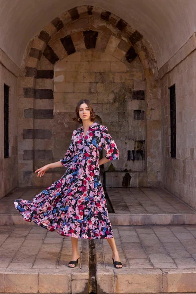 Çiçek Desenli Gömlek Yakalı Elbise ürün görseli