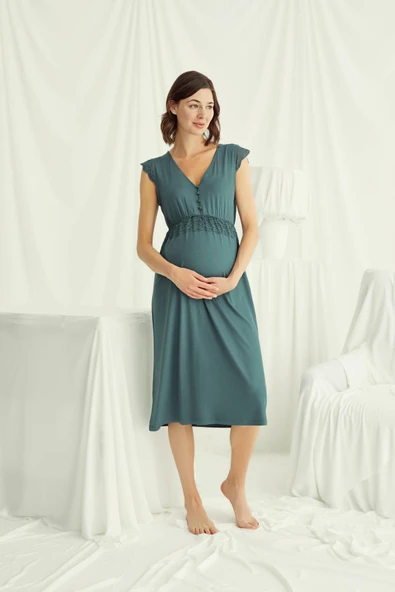 Önü Düğmeli Dantelli Hamile Lohusa Gecelik - Resim 2