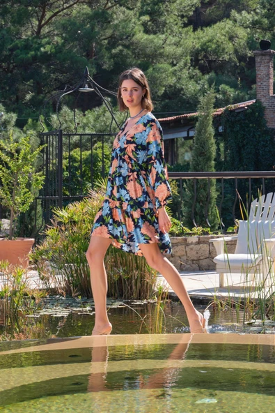 Çiçek ve Yaprak Desenli Uzun Kollu Elbise - Resim 2