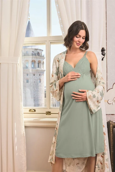 Çiçek ve Yaprak Desenli Dantelli Hamile Lohusa Sabahlık Takımı