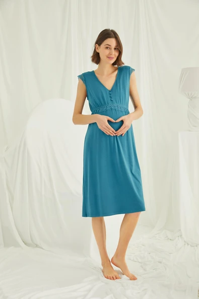 Önü Düğmeli Dantelli Hamile Lohusa Gecelik - 4