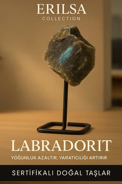 Sertifikalı Doğal Ham Labradorit Taşı Standlı Dekoratif Obje – Aura Koruma ve Sezgileri Güçlendirir ürün görseli