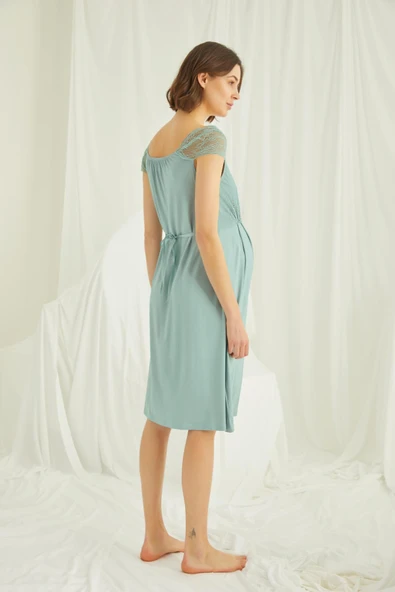 Dantelli Önü Düğmeli Hamile Lohusa Sabahlık Takımı - 7