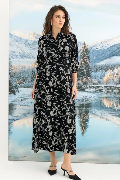 Desenli Truvakar Kollu Saten Elbise ürün görseli